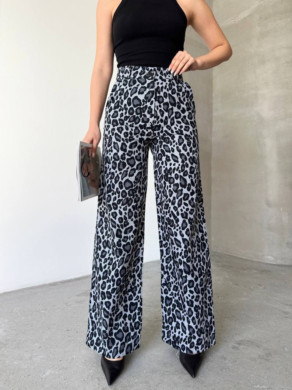 Yüksek Bel Leopar Desen Gabardin Kadın Palazzo Pantolon