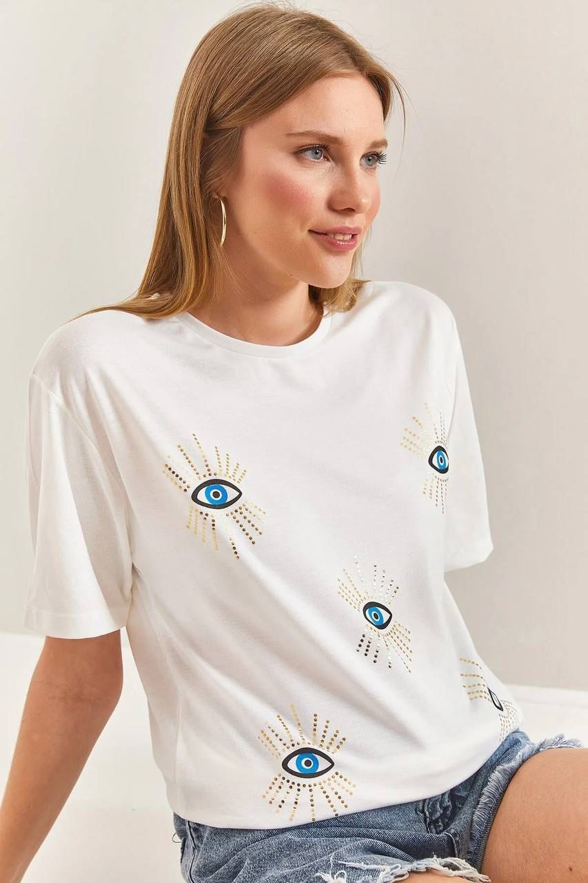 0 Yaka Göz Baskılı Oversize Kadın T-Shirt