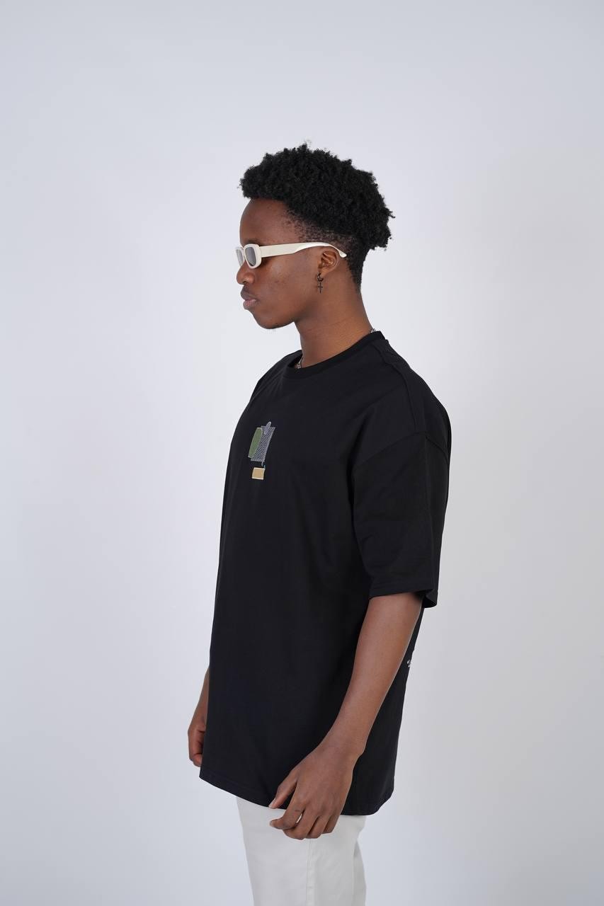 0 Yaka Geometrik Sanat Baskı Erkek Oversize T-Shirt