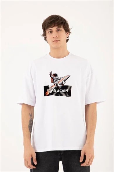 0 Yaka Born Agaın Space Baskılı Oversize Erkek T-Shirt