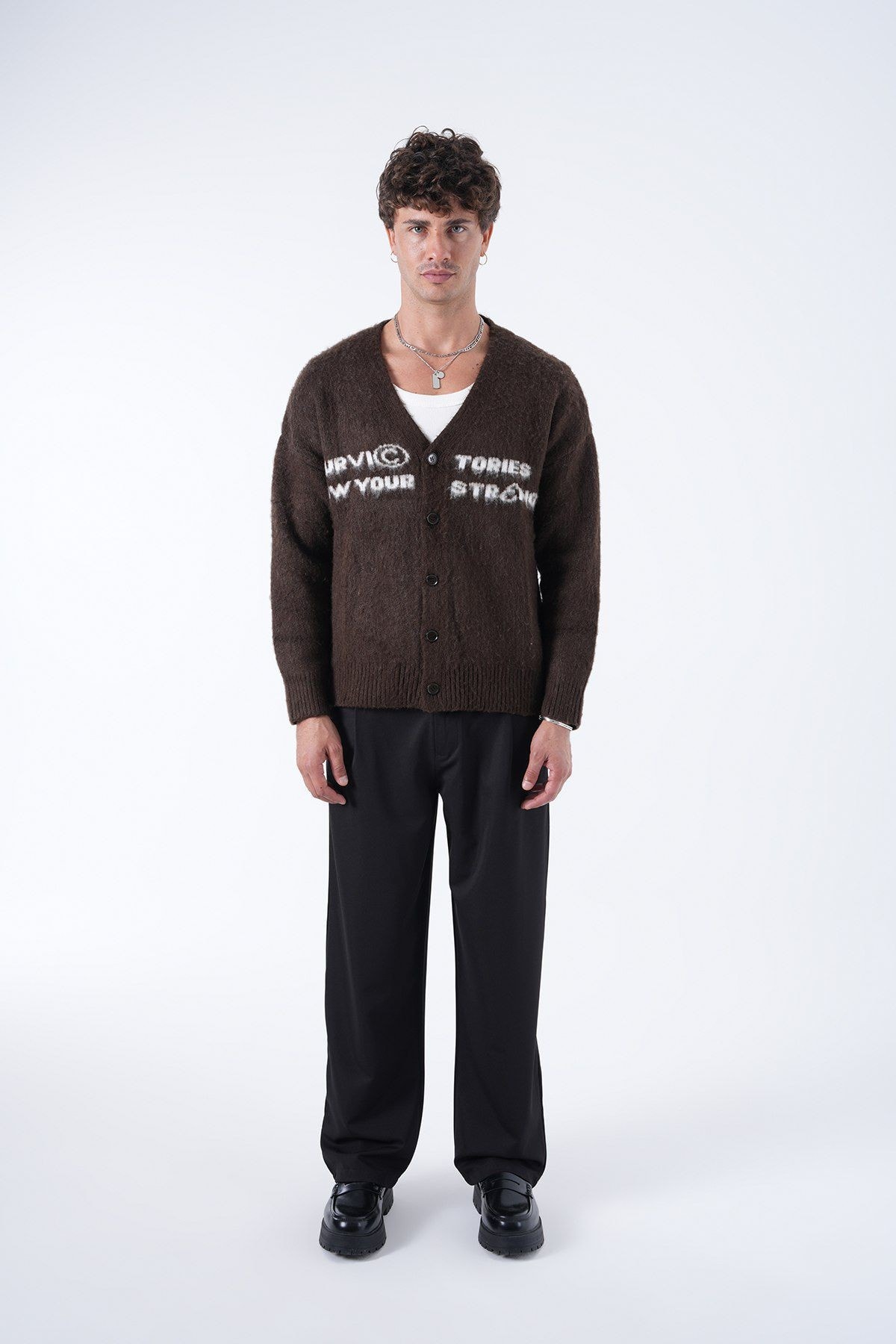 Önü Düğmeli Yazılı Erkek Yün Hırka