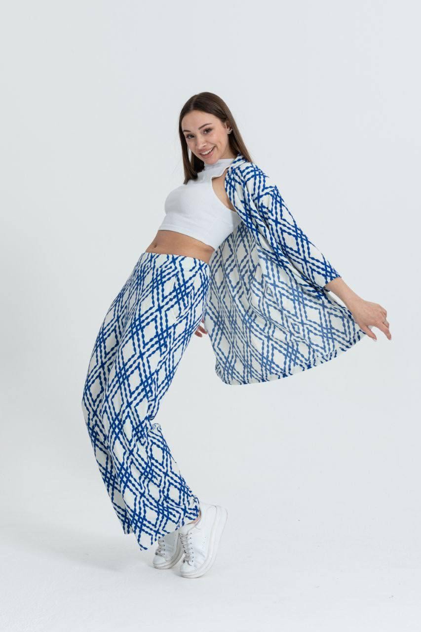Desenli Gofre Kimono Pantolon Kadın İkili Takım