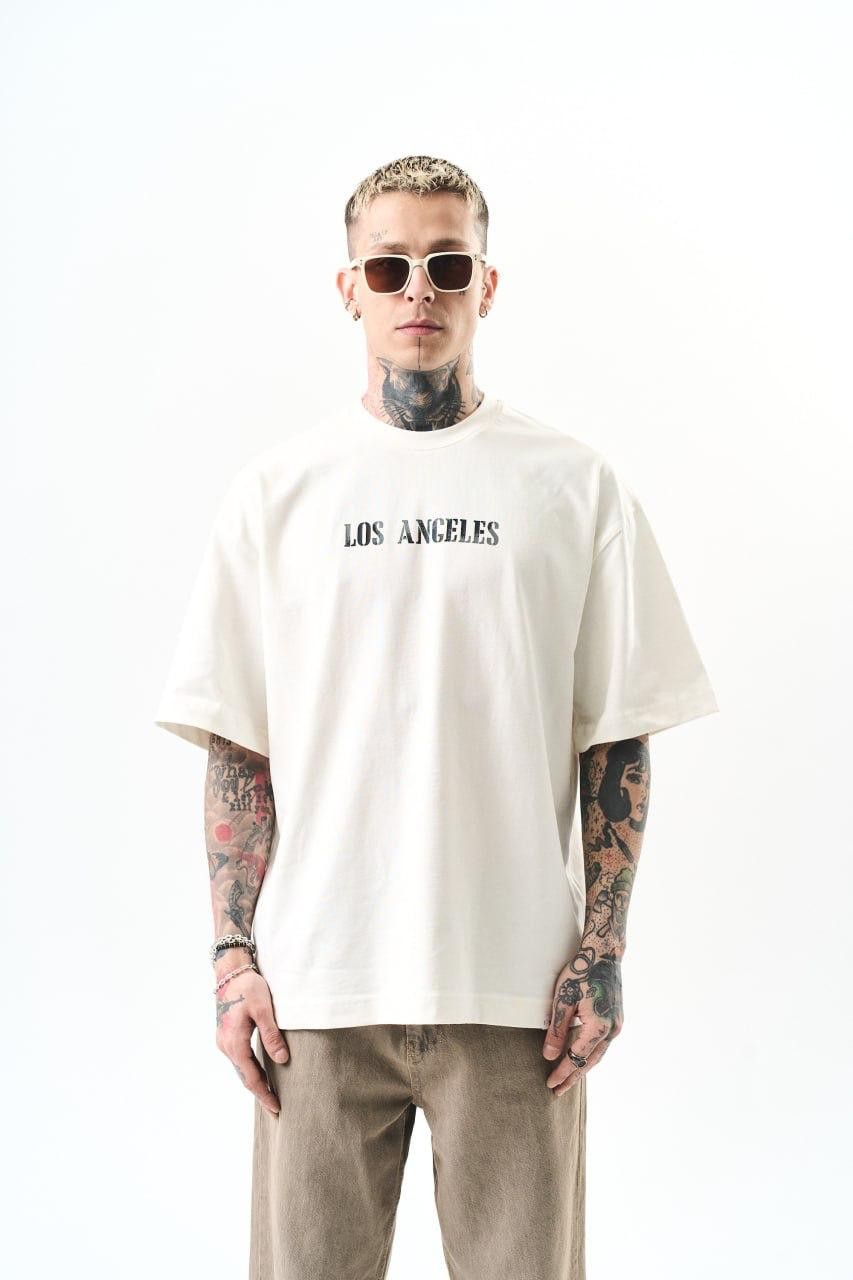 0 Yaka Los Angeles Baskı Erkek Oversize T-Shirt