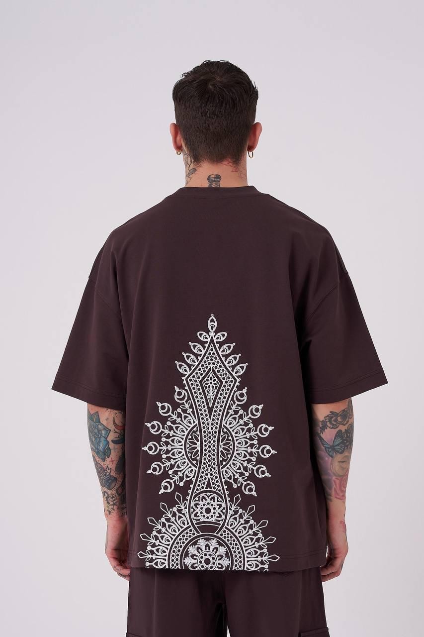 0 Yaka Ön Arka Ethnıc Baskı Erkek Oversize T-Shirt