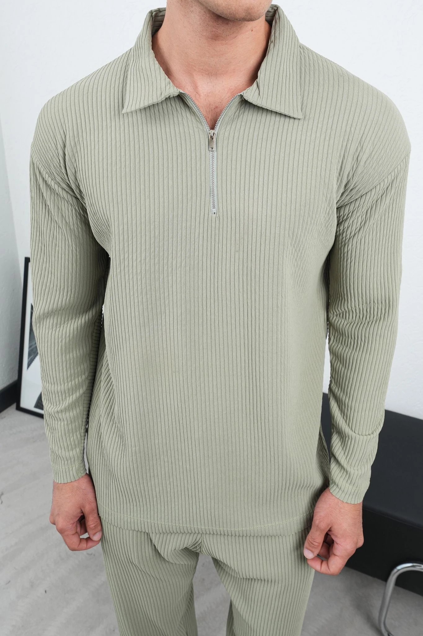 Yakalı Fermuar Detay Fitilli Erkek Oversize Sweatshirt