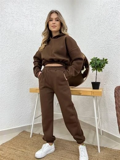 Kapüşonlu Şardonlu Basic Kadın Eşofman Takımı