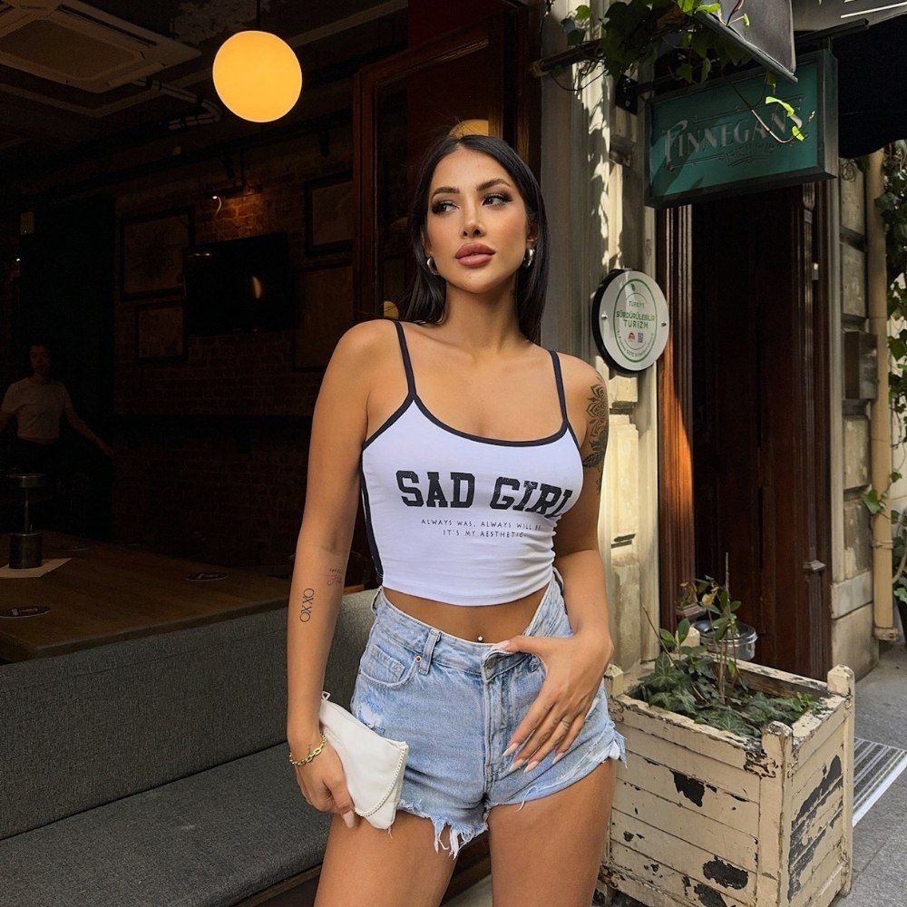Askılı Sad Girl Baskılı Şeritli Kadın Badi