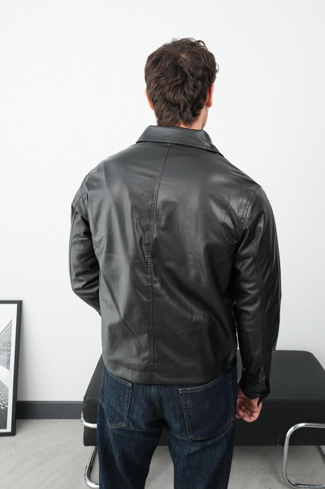 Yakalı Ön Düğme Detay Erkek Deri Ceket