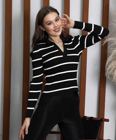 Yakalı Çizgili Kadın Triko Badi