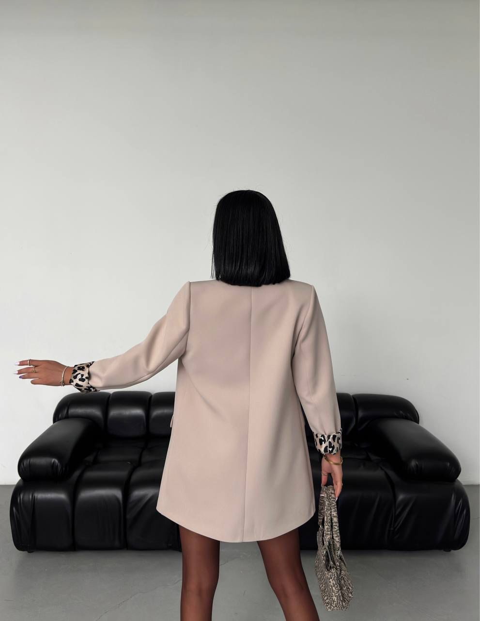 Kruvaze Yaka Astarı Leopar Desen Oversize Kadın Blazer Ceket