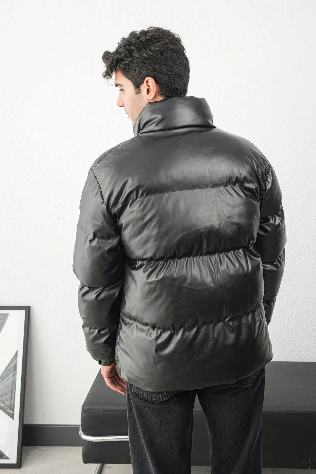 Dik Yaka Deri Dolum Erkek Şişme Mont