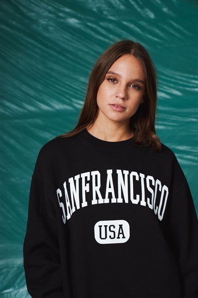 Bis Yaka Ön Sanfrancısco Yazı Baskı Şardonlu Uzun Kadın Sweatshirt