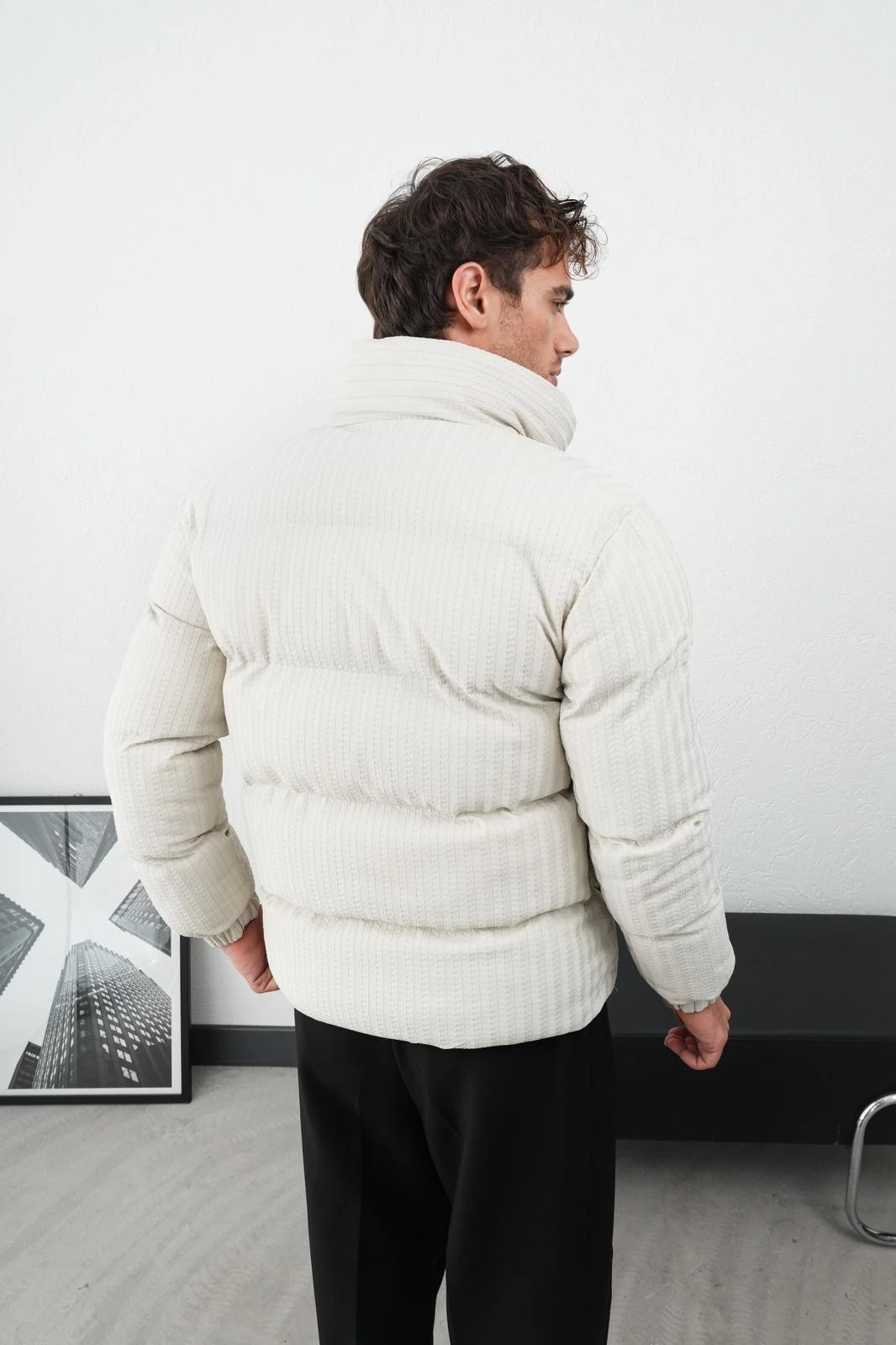 Dik Yaka Fermuarlı Fitilli Erkek Şişme Mont