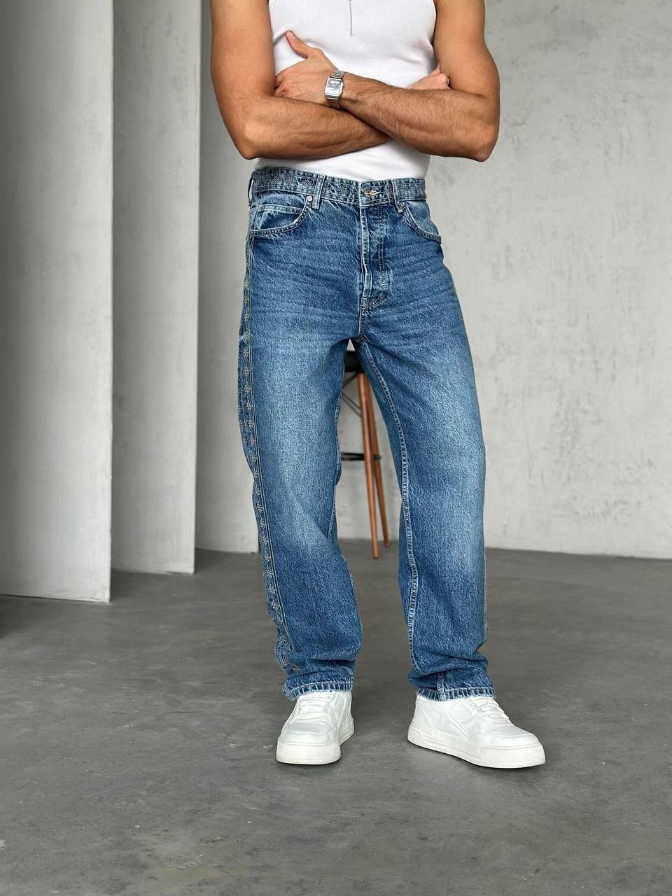 Kemer Yan Detay İşlemeli Baggy Jean Pantolon