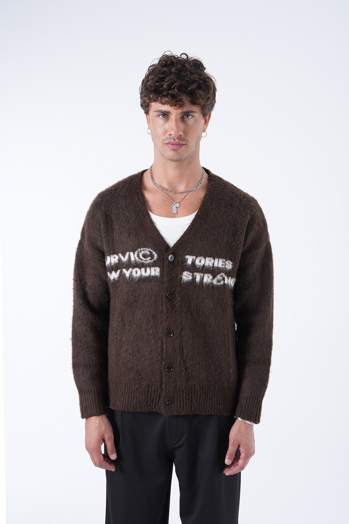 Önü Düğmeli Yazılı Erkek Yün Hırka