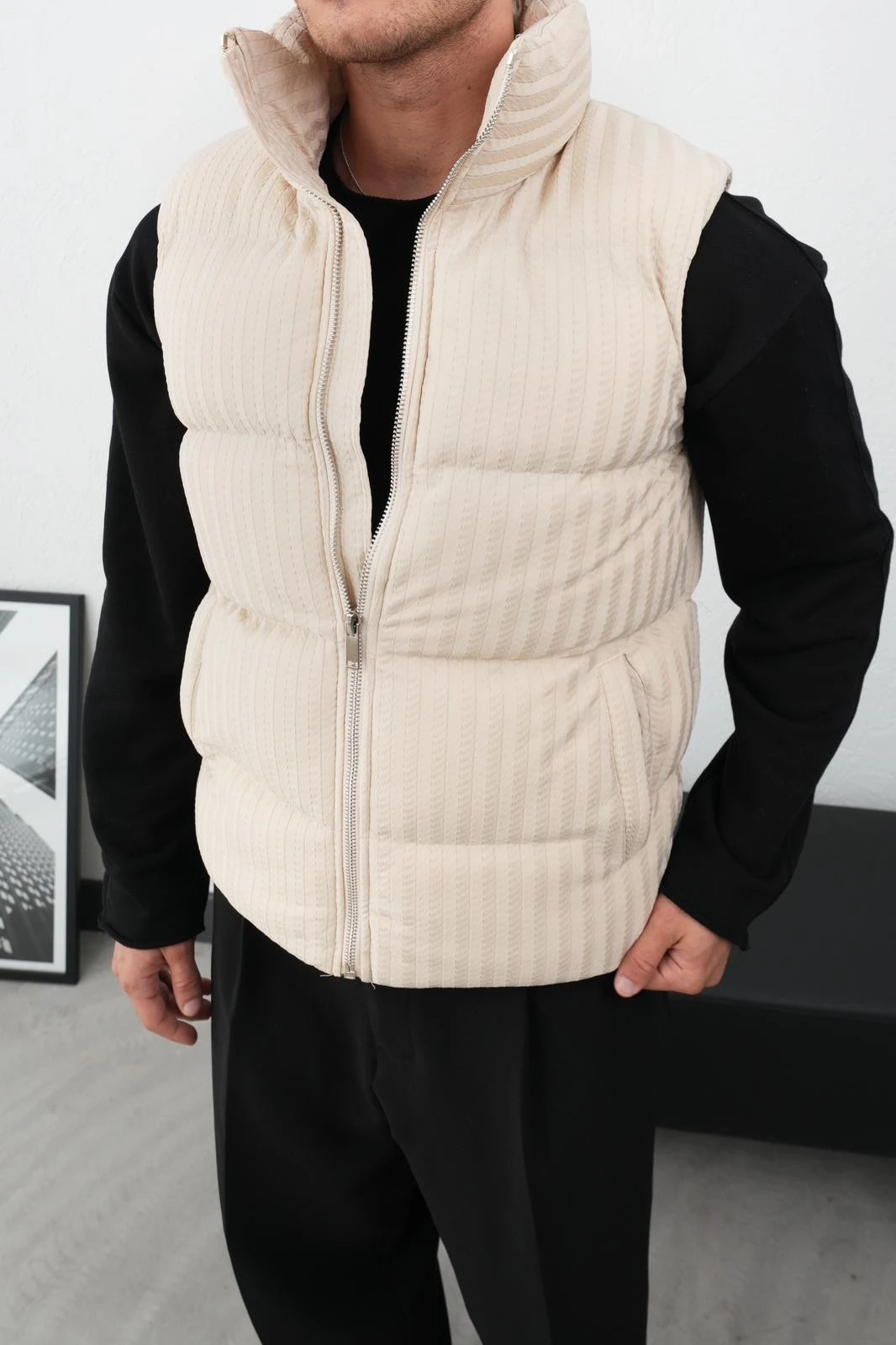 Dik Yaka Fermuarlı Fitilli Erkek Şişme Yelek