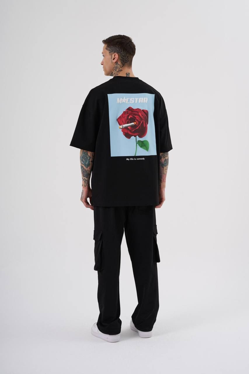 0 Yaka Ön Arka My Life is Comedy Baskı Oversize T-Shirt