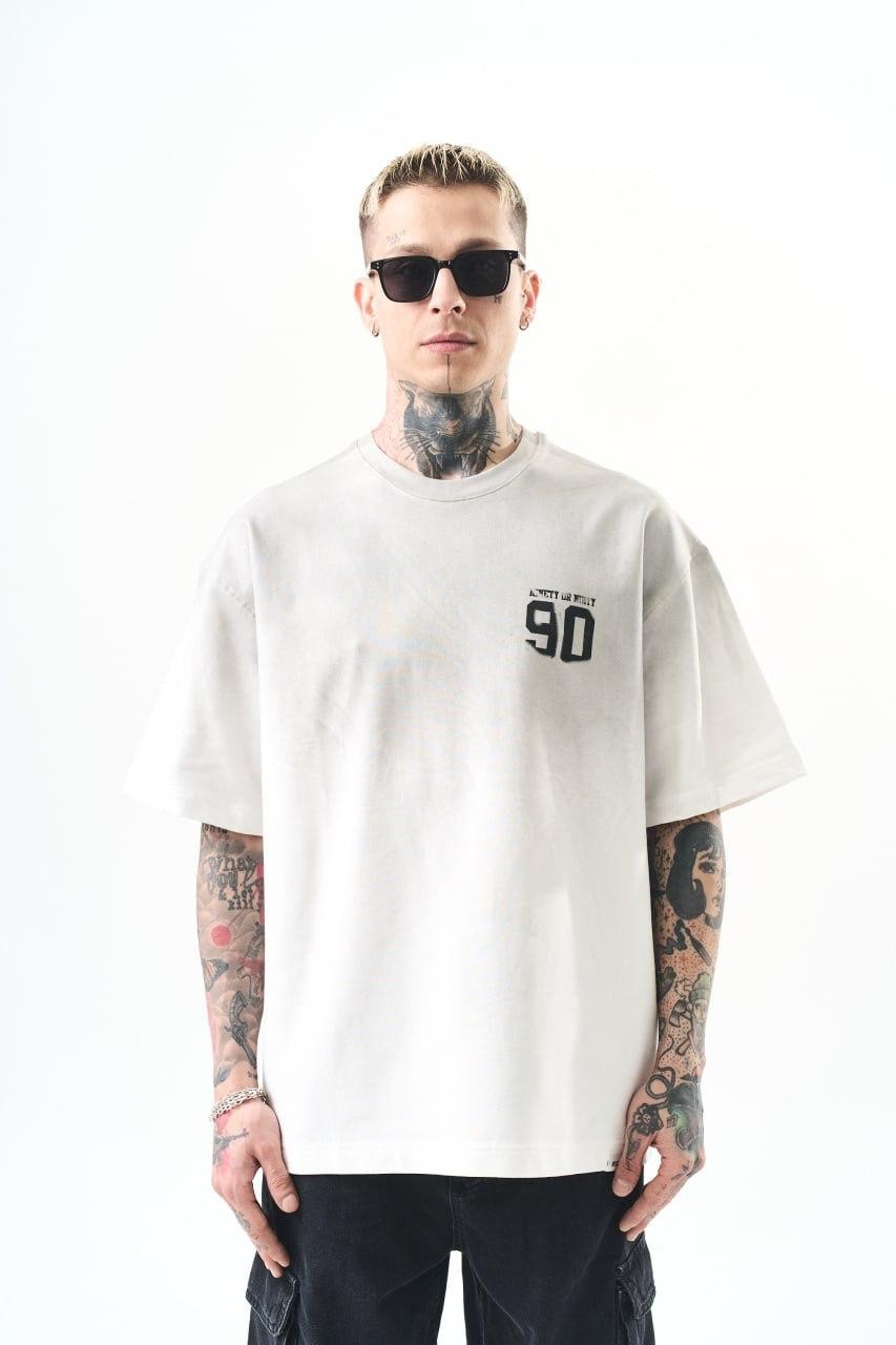 0 Yaka 90 Baskılı Yıkamalı Erkek Oversize T-Shirt