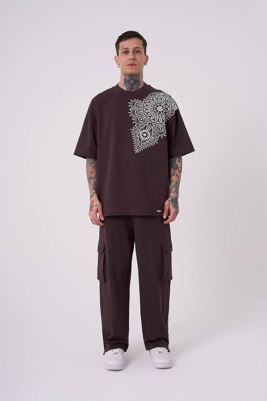 0 Yaka Ön Arka Ethnıc Baskı Erkek Oversize T-Shirt