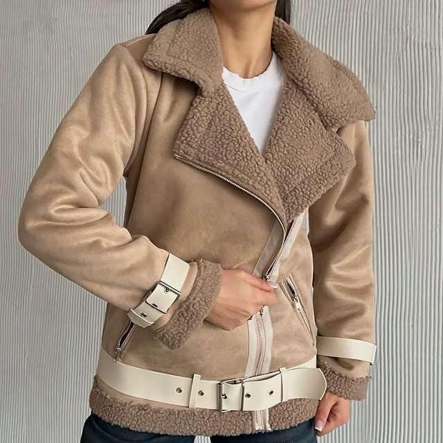 Kemerli Süet Biker Kadın Mont