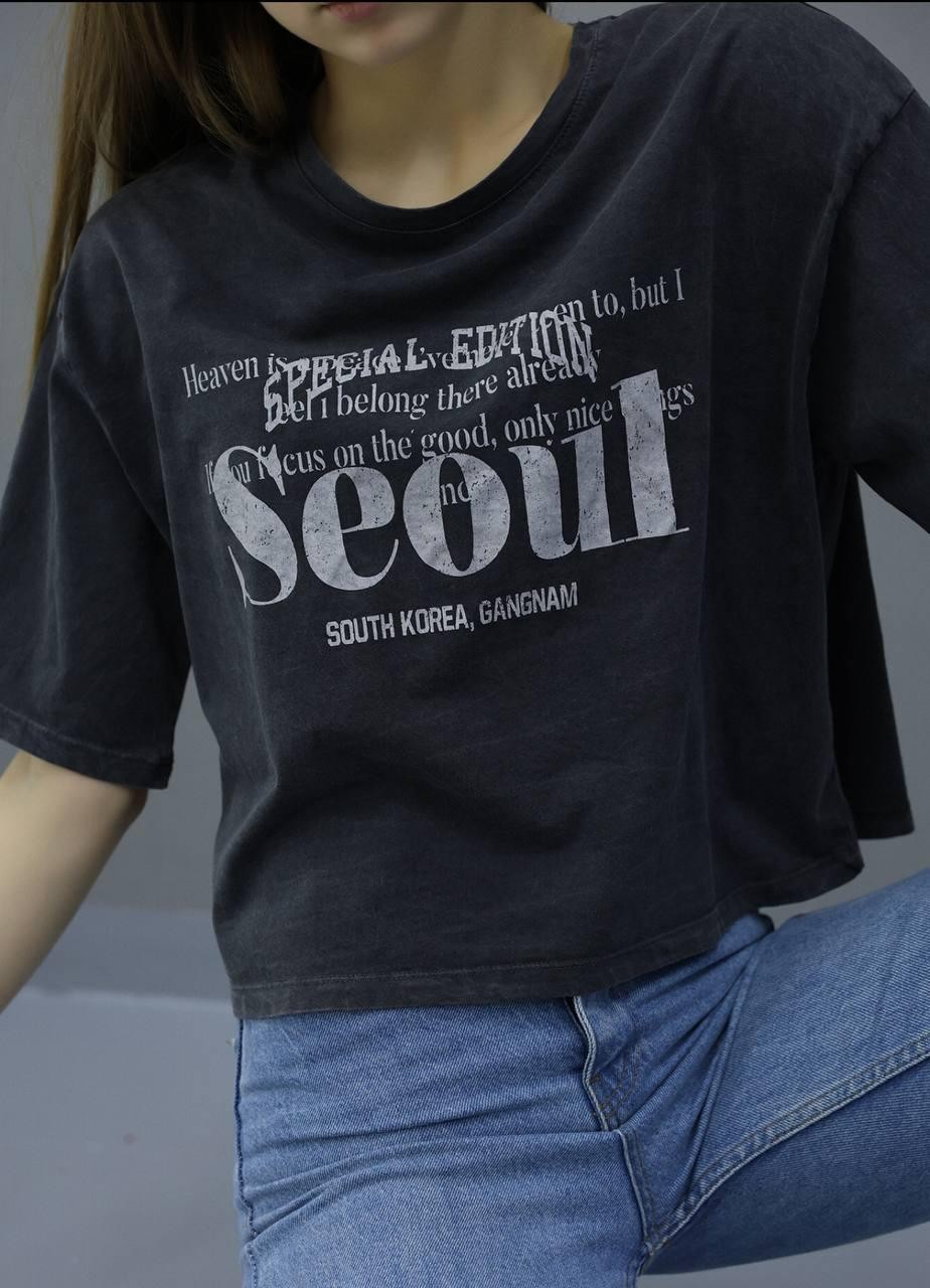 0 Yaka Seoul Baskı Yıkamalı Oversize Kadın T-Shirt