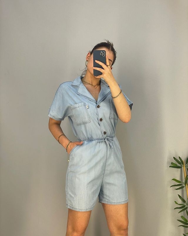 Düğme Detay Bel Lastik Jean Şort Tulum