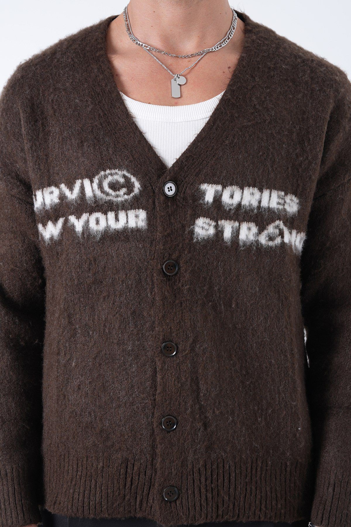 Önü Düğmeli Yazılı Erkek Yün Hırka