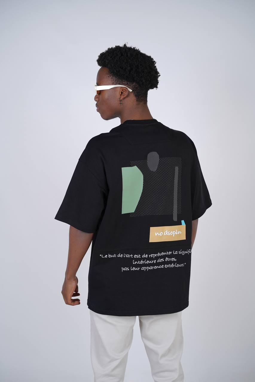 0 Yaka Geometrik Sanat Baskı Erkek Oversize T-Shirt