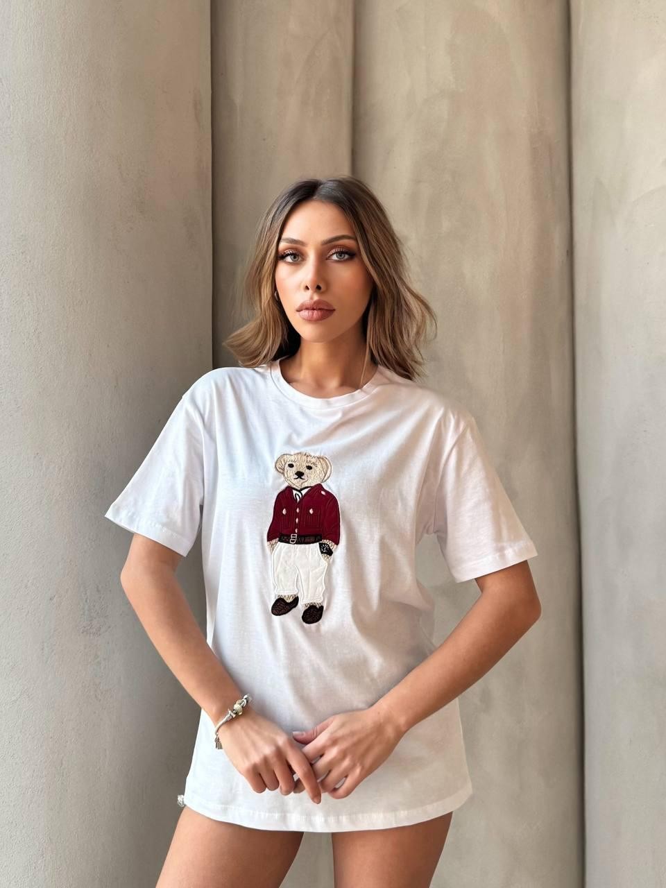 0 Yaka Ayıcık Nakışlı Kadın Oversize T-Shirt