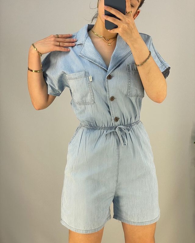 Düğme Detay Bel Lastik Jean Şort Tulum