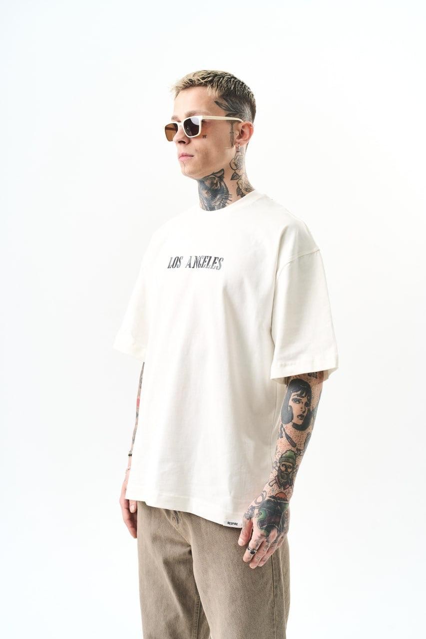 0 Yaka Los Angeles Baskı Erkek Oversize T-Shirt