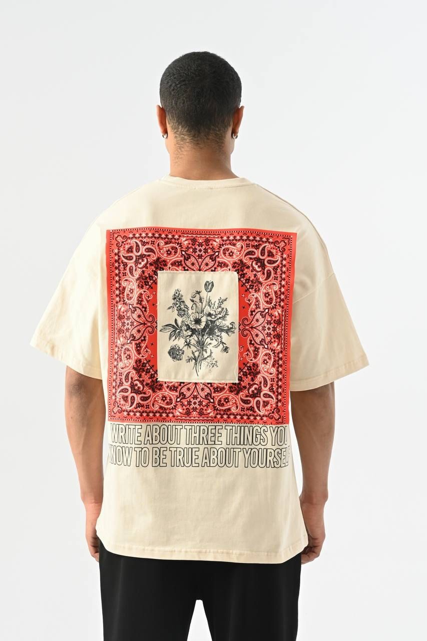 0 Yaka Ön Arka Çiçek Baskı Erkek Oversize T-Shirt