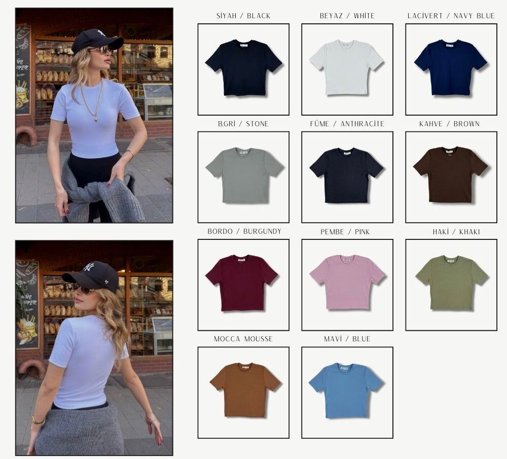 0 Yaka Likralı Basıc Kadın Crop T-Shirt