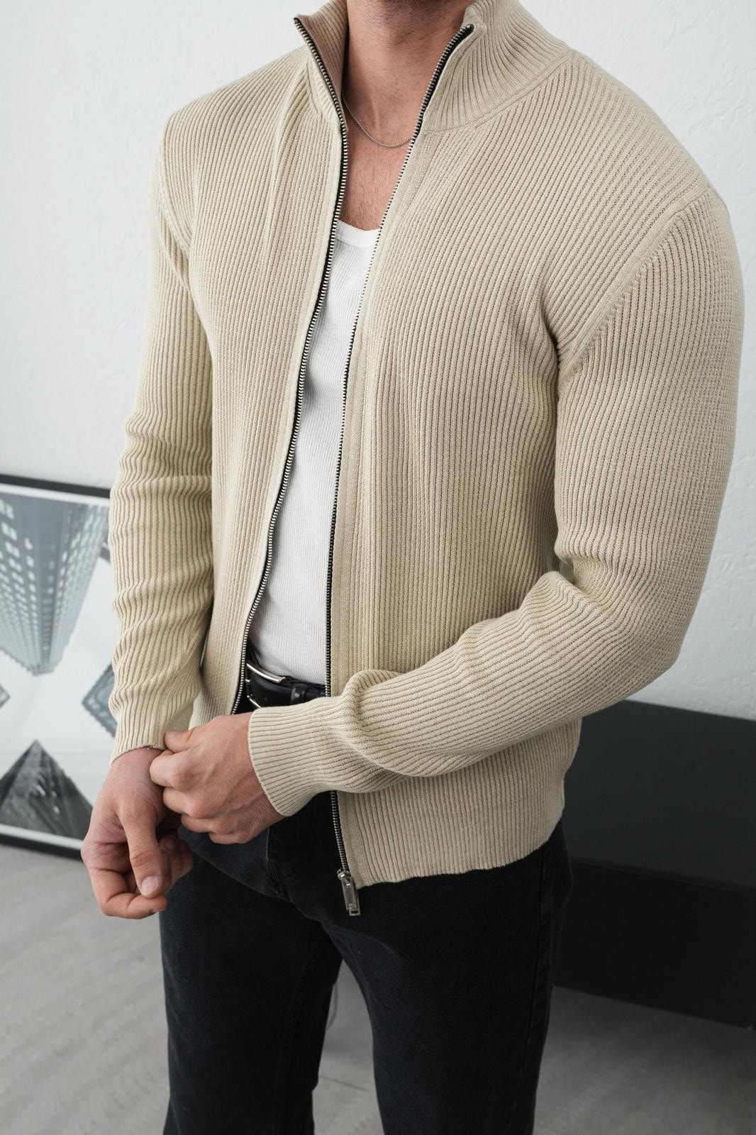 Dik Yaka Çift Fermuar Erkek Triko Hırka