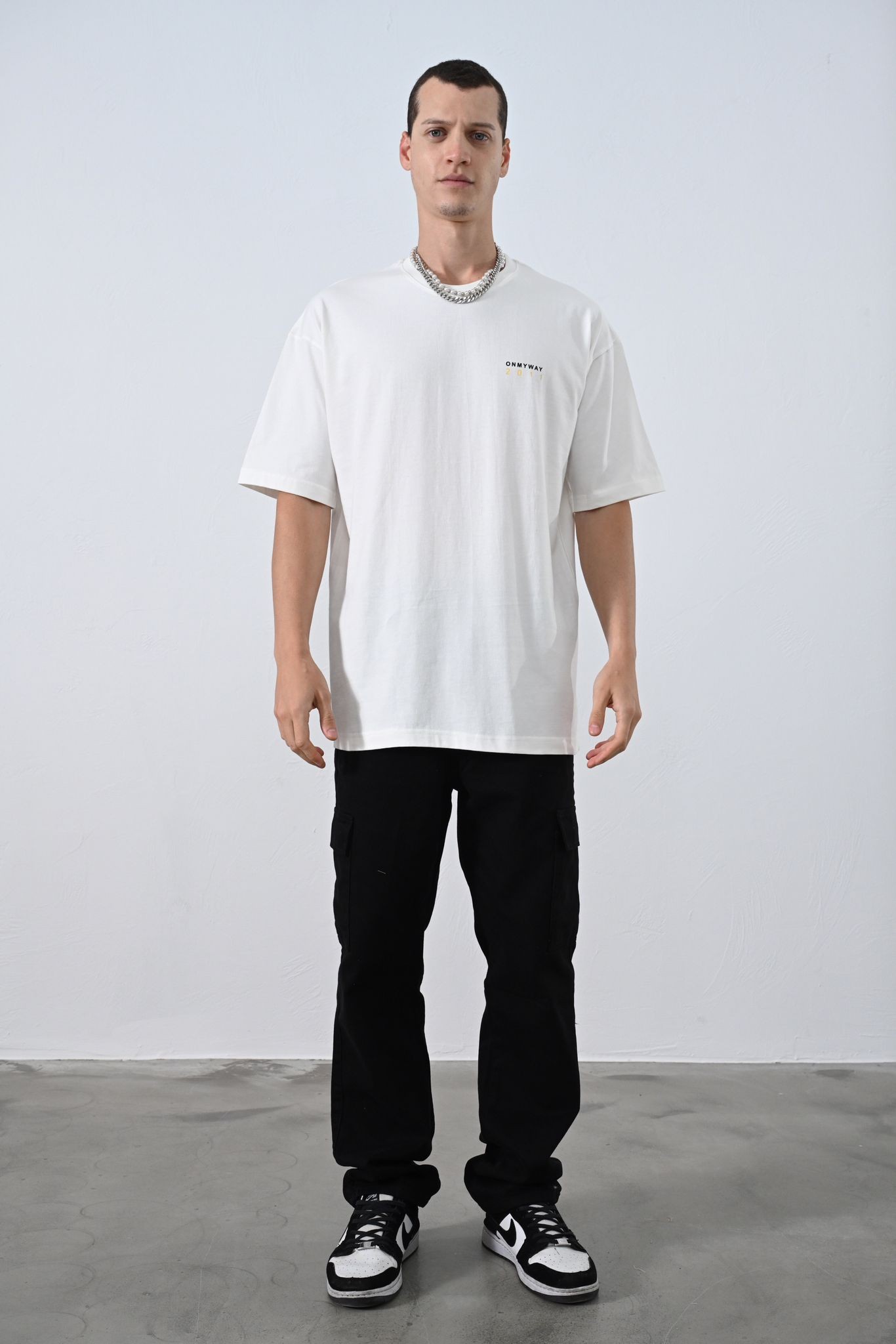 0 Yaka Ön Arka Baskı Oversize Erkek T-Shirt