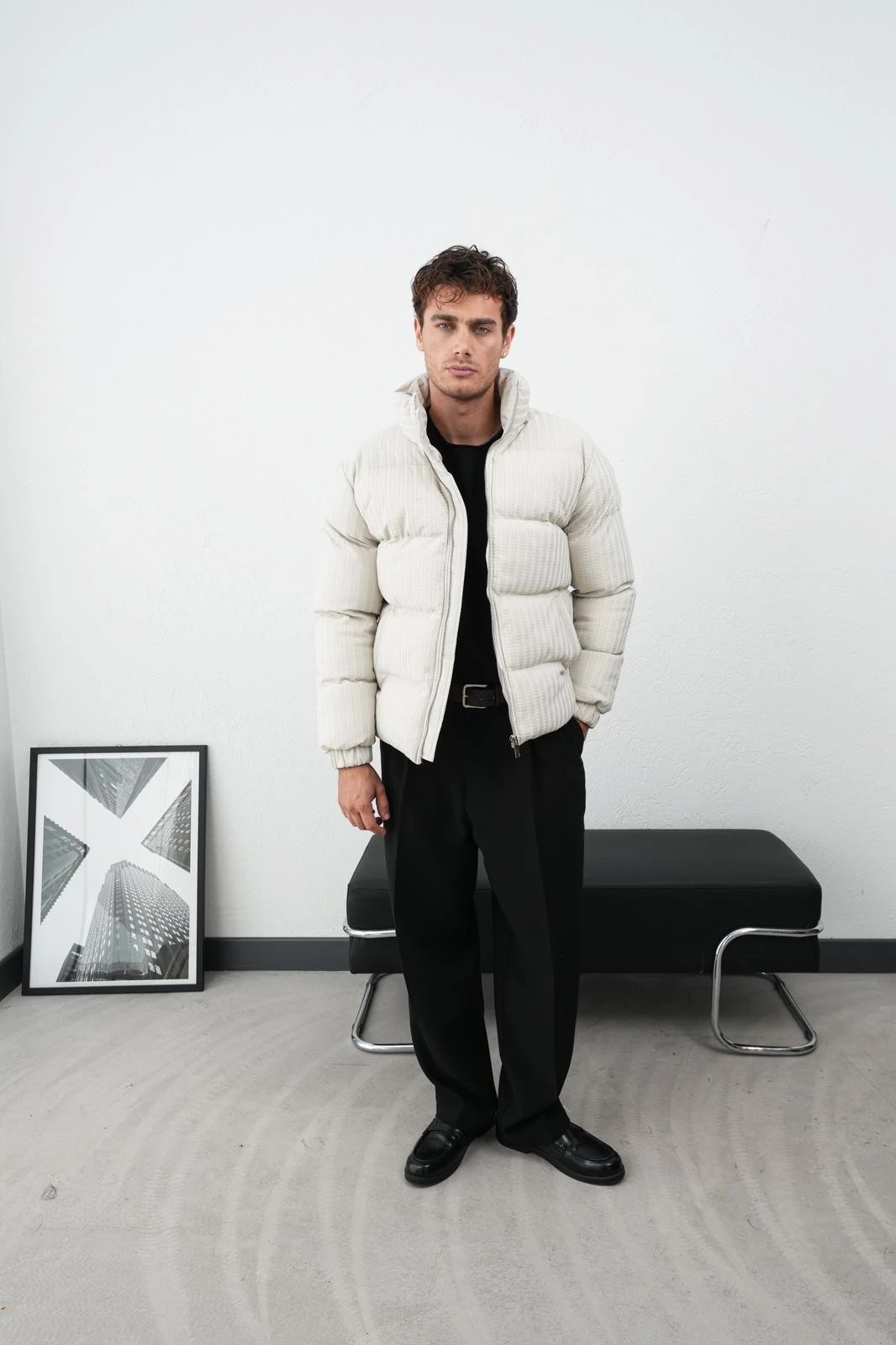 Dik Yaka Fermuarlı Fitilli Erkek Şişme Mont