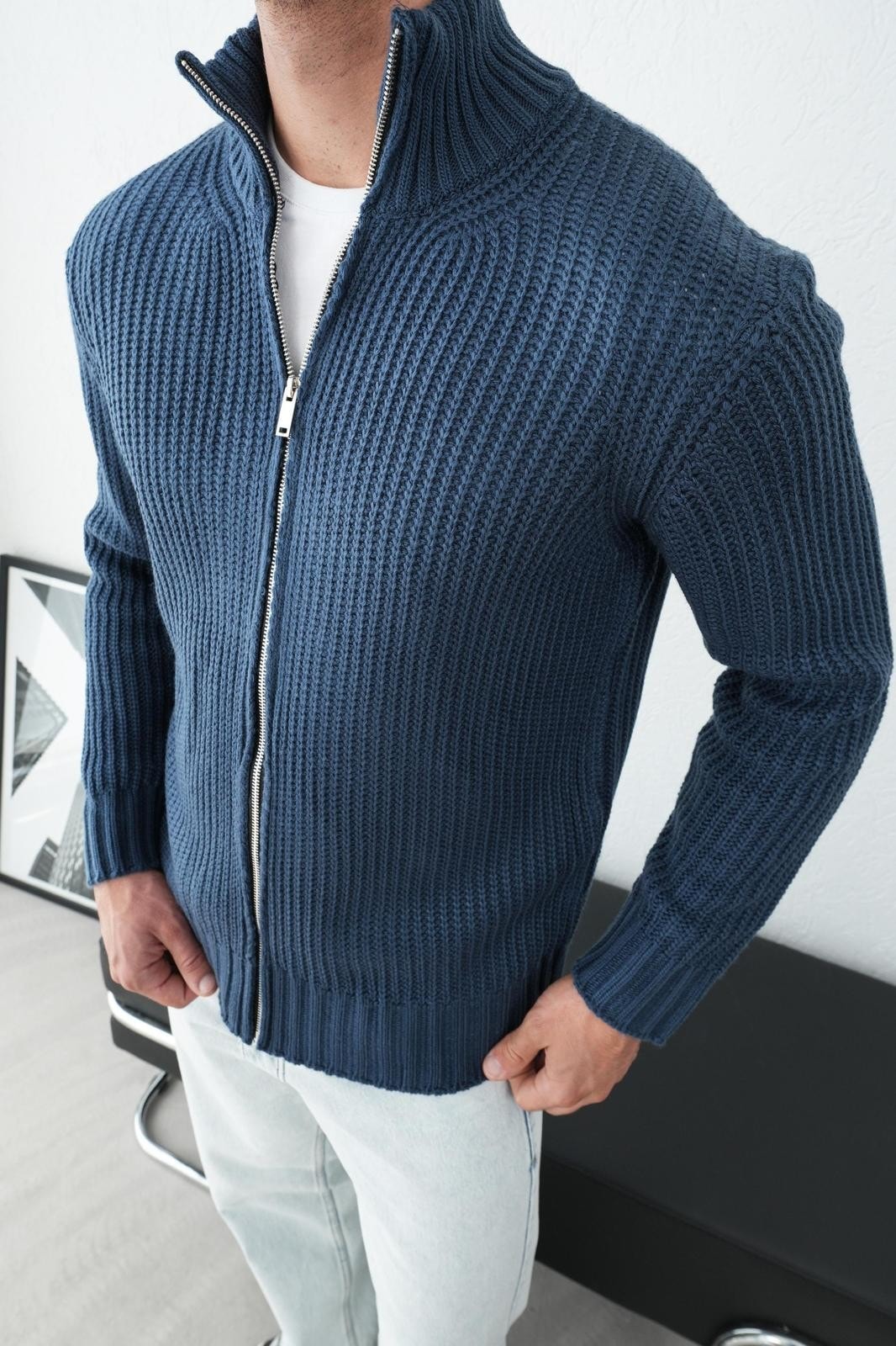 Dik Yaka Ön Fermuarlı Erkek Triko Hırka