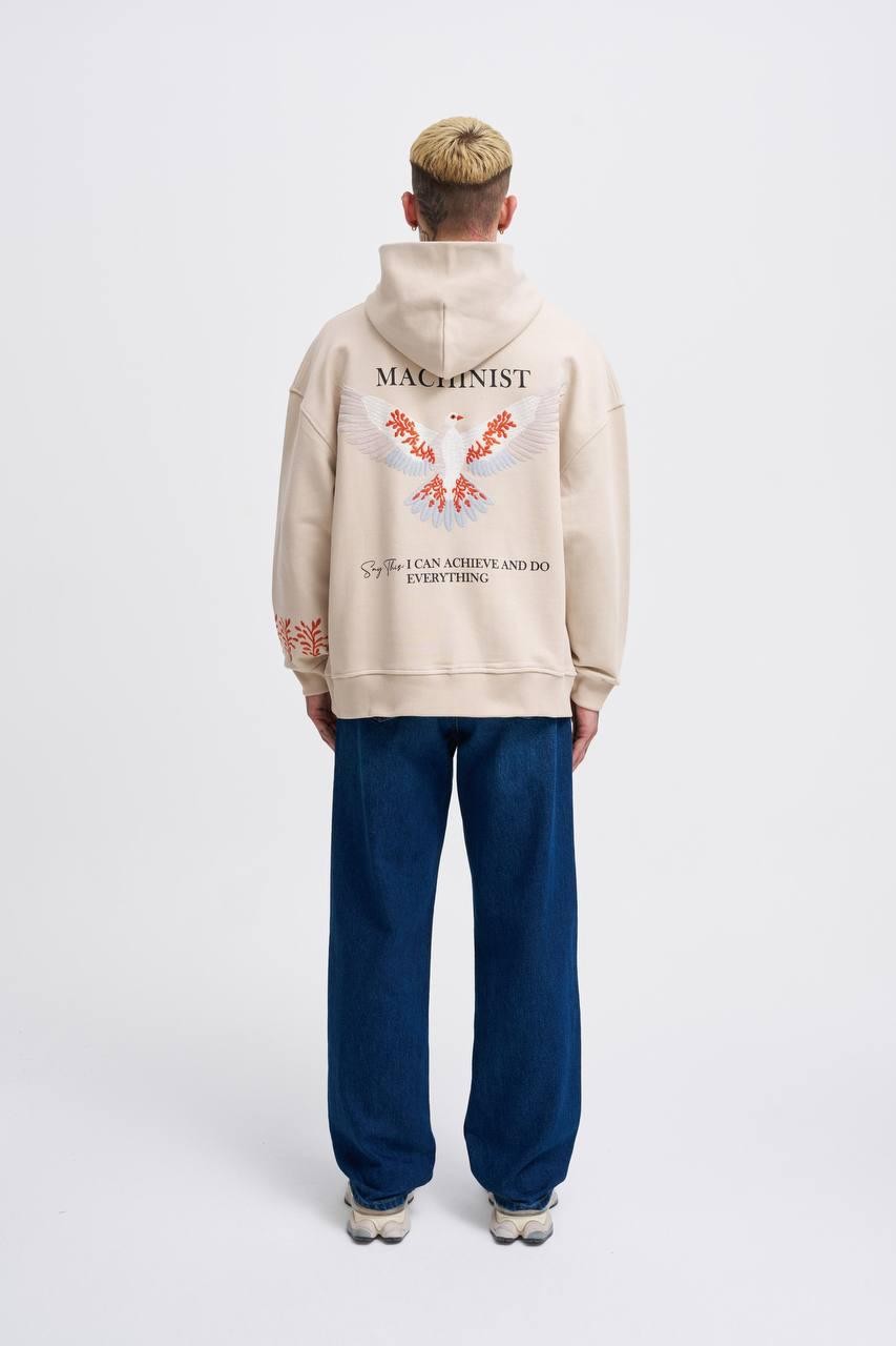 Kapüşonlu Machınıst Embroıdery Bırd Baskı Oversize Erkek Sweatshirt