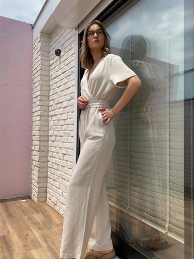 Kruvaze Yaka Beli Kuşaklı Kadın Keten Tulum