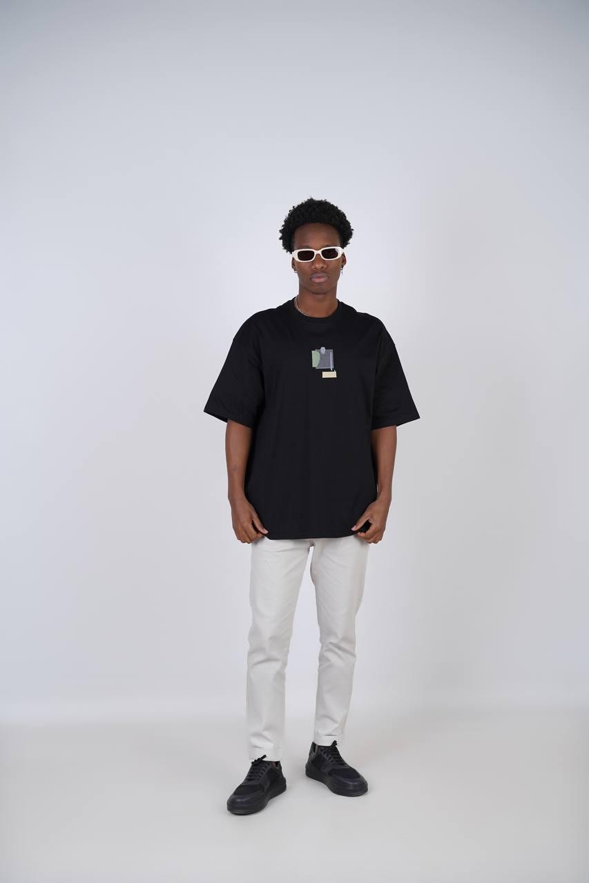 0 Yaka Geometrik Sanat Baskı Erkek Oversize T-Shirt
