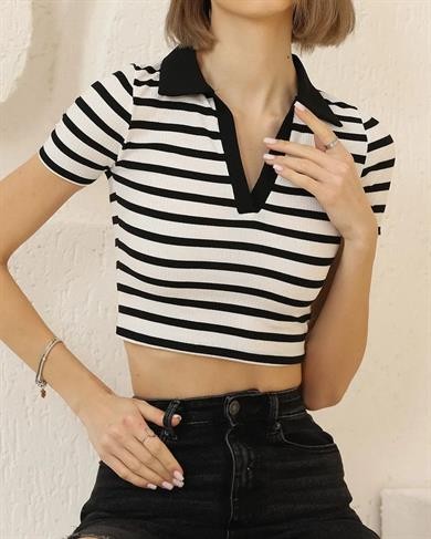 Yakalı Çizgili Kadın Crop Badi