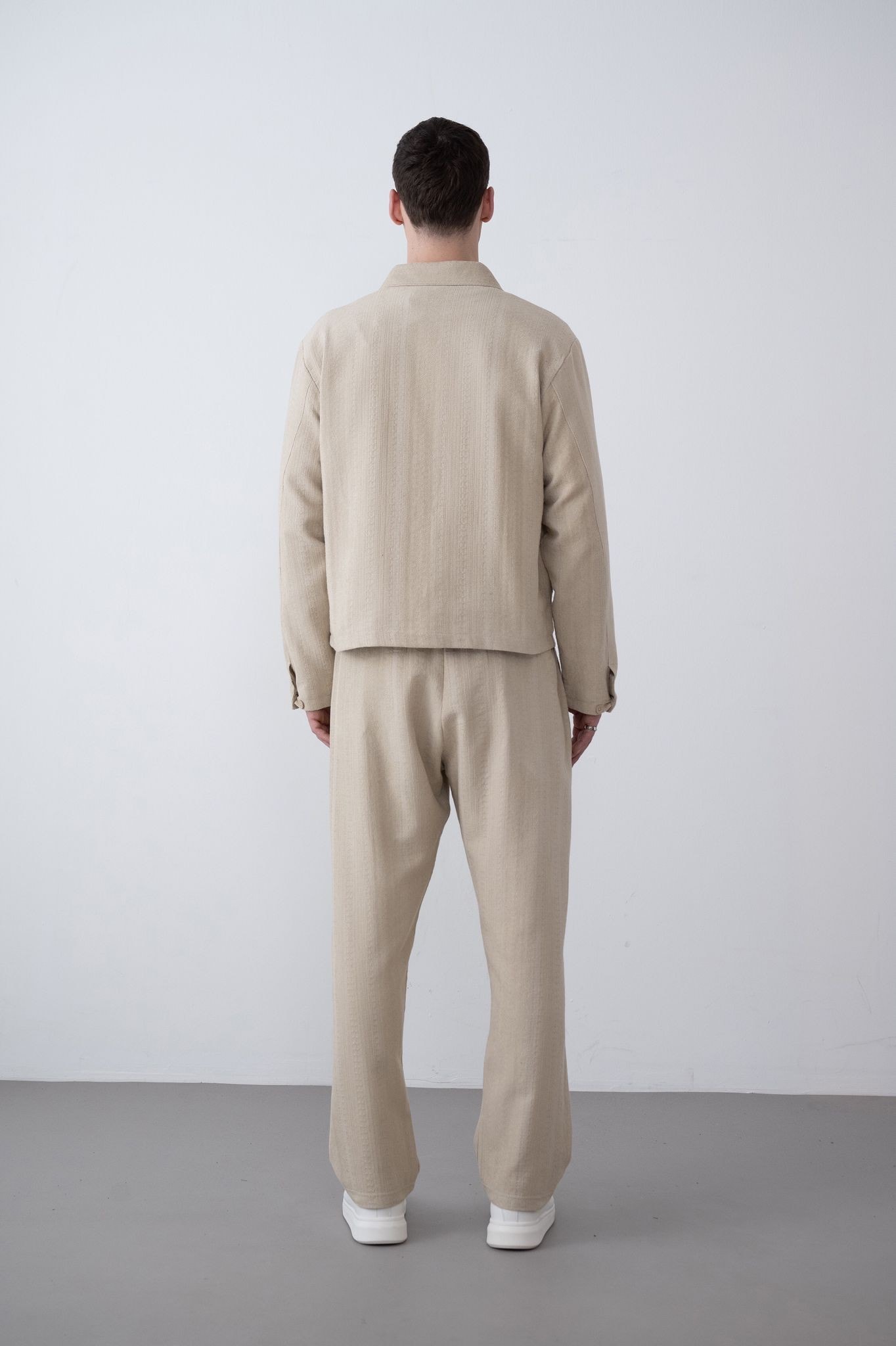 Yakalı İçi Astarlı Desenli Erkek Oversize Keten Ceket