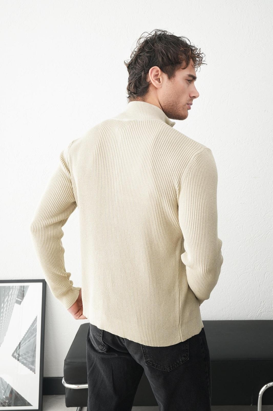 Dik Yaka Çift Fermuar Erkek Triko Hırka