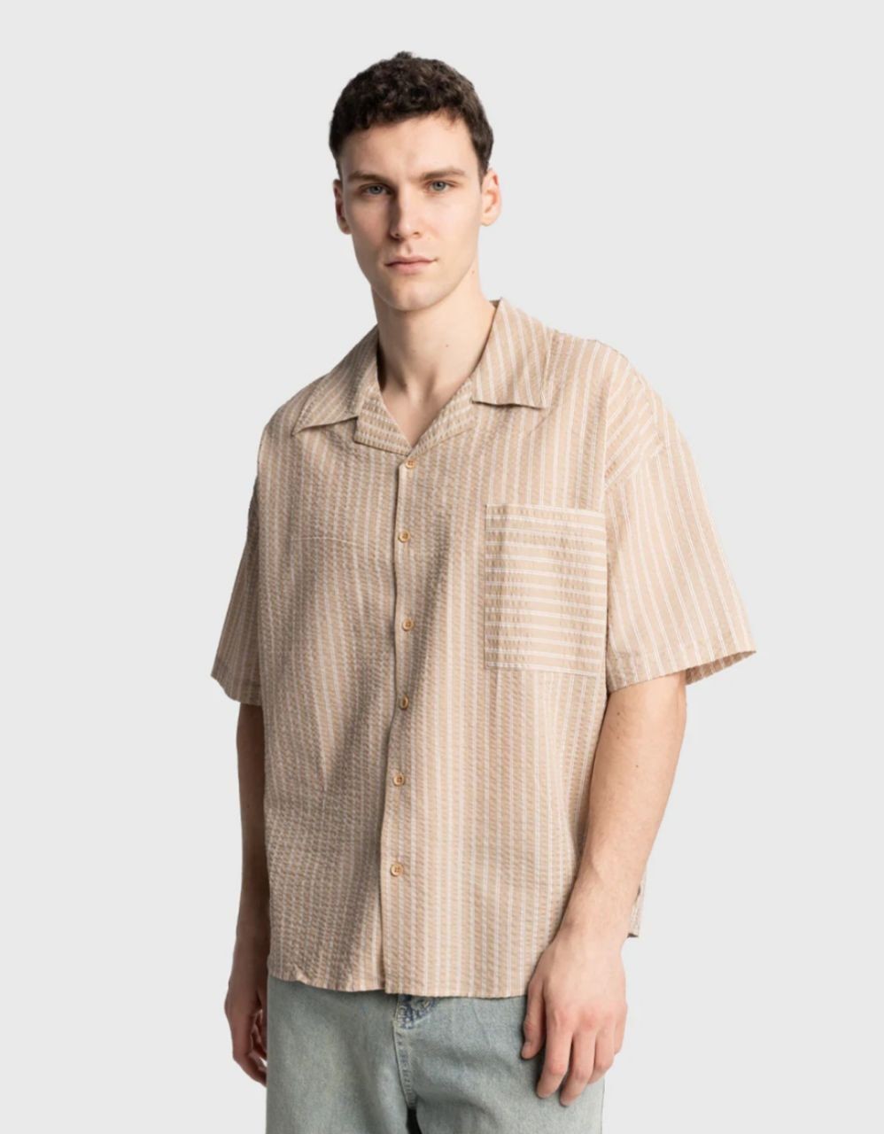 Apas Yaka TekCepli Çift Çizgili Gofre Oversize Erkek Gömlek