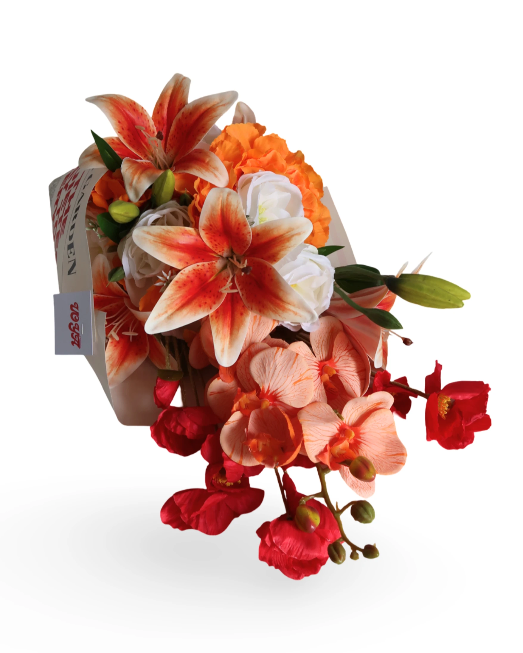 Amber Flame Yapay Çiçek Buketi Medium Size – Turuncu Lilyum & Orkide Aranjmanı, Dekoratif Hediyelik Çiçek