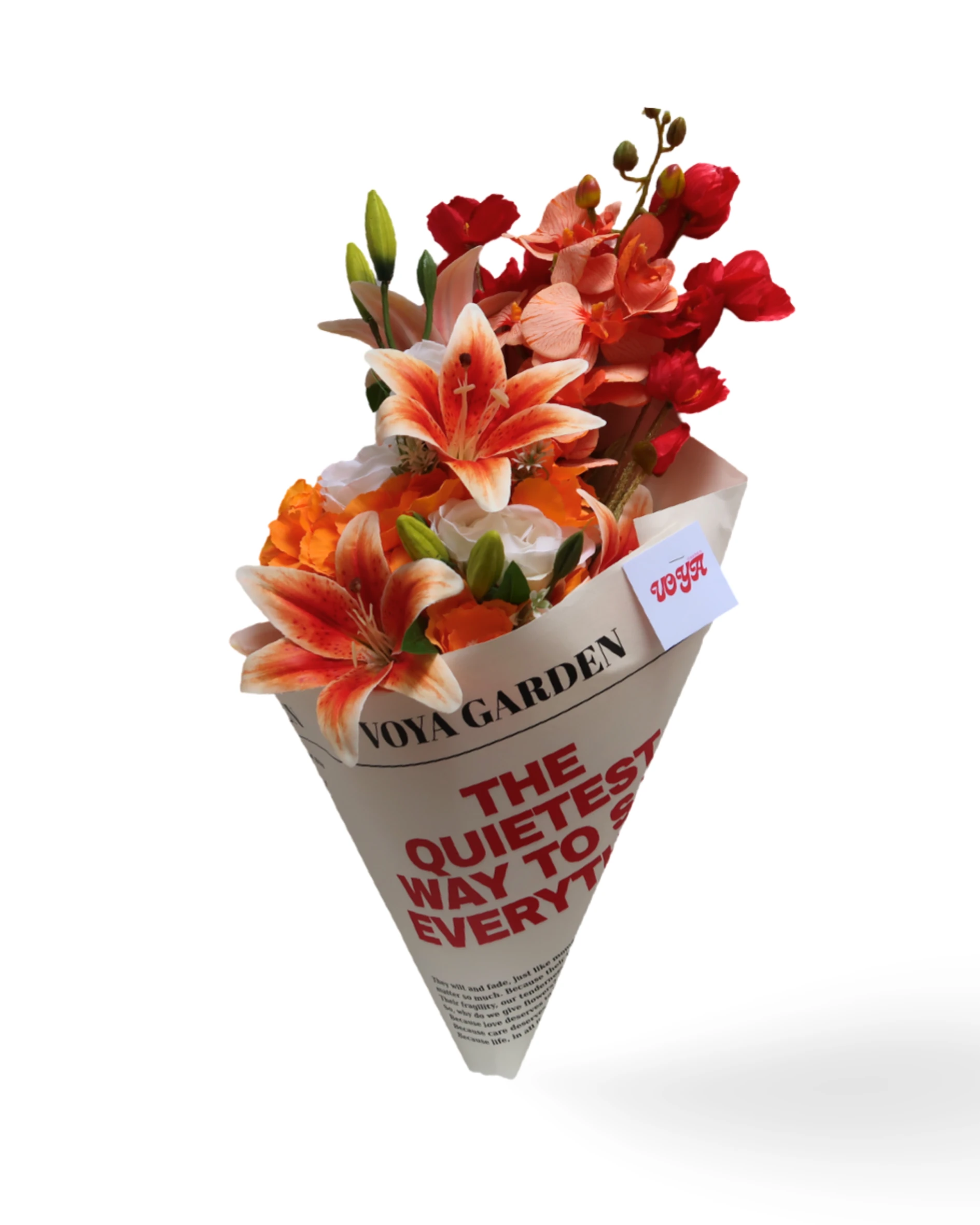 Amber Flame Yapay Çiçek Buketi Medium Size – Turuncu Lilyum & Orkide Aranjmanı, Dekoratif Hediyelik Çiçek