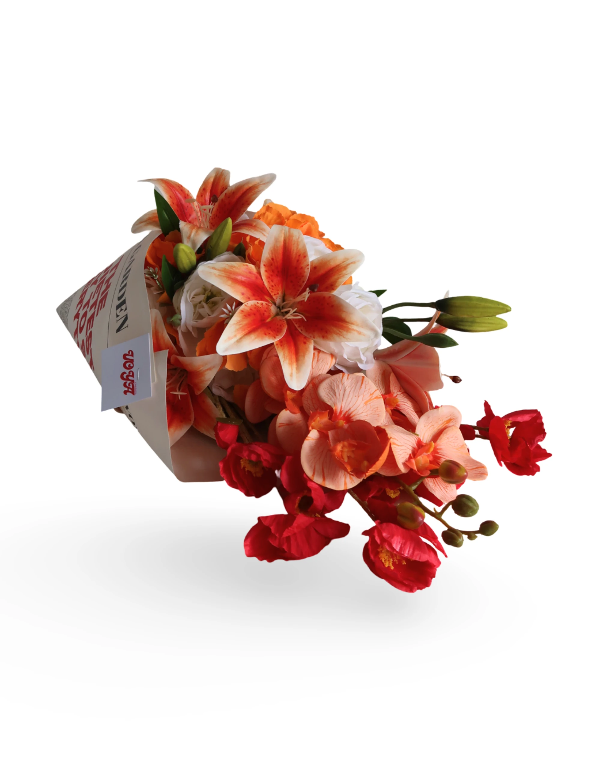 Amber Flame Yapay Çiçek Buketi Medium Size – Turuncu Lilyum & Orkide Aranjmanı, Dekoratif Hediyelik Çiçek