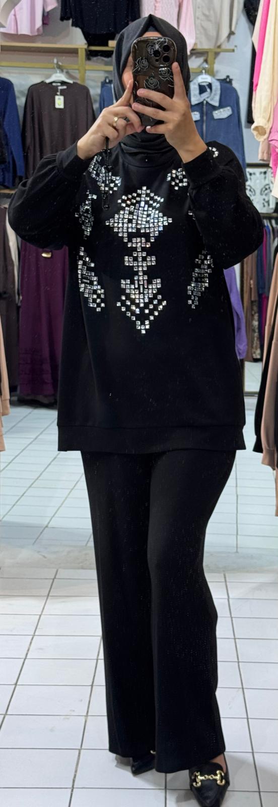 Yeni Sezon Taşlı Kilim Desen Pantolonlu Takım Ebrar Butik image