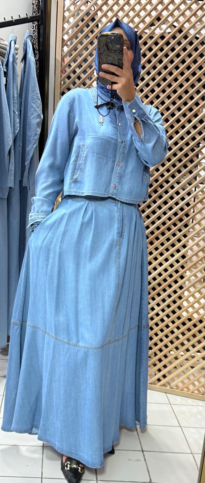 Yeni Sezon Yaprak Broşlu Tensel Kumaş Etekli Kot Takım Ebrar Butik