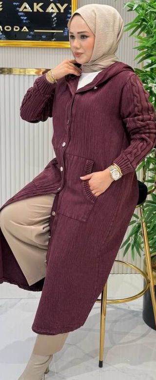 Organik Pamuk Kumaş Örgü Detay Uzun Hırka image